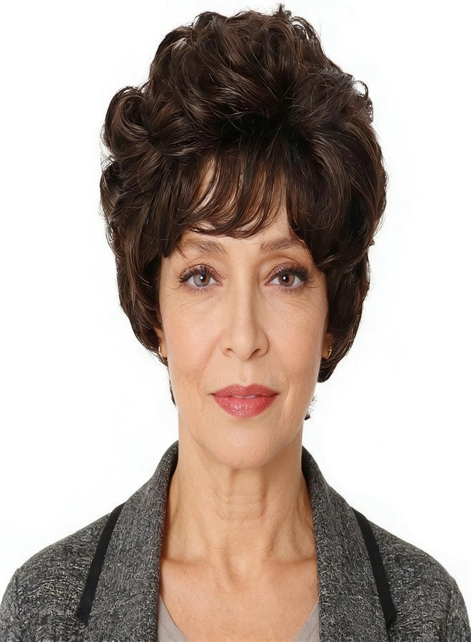 GNIMEGIL Short Dark Brown Curly Wigs with Fuffly Bangs for Women Synthetic Hair Wavy Cosplay Wigs for Daily Party Use(Dark Brown) - Image 2